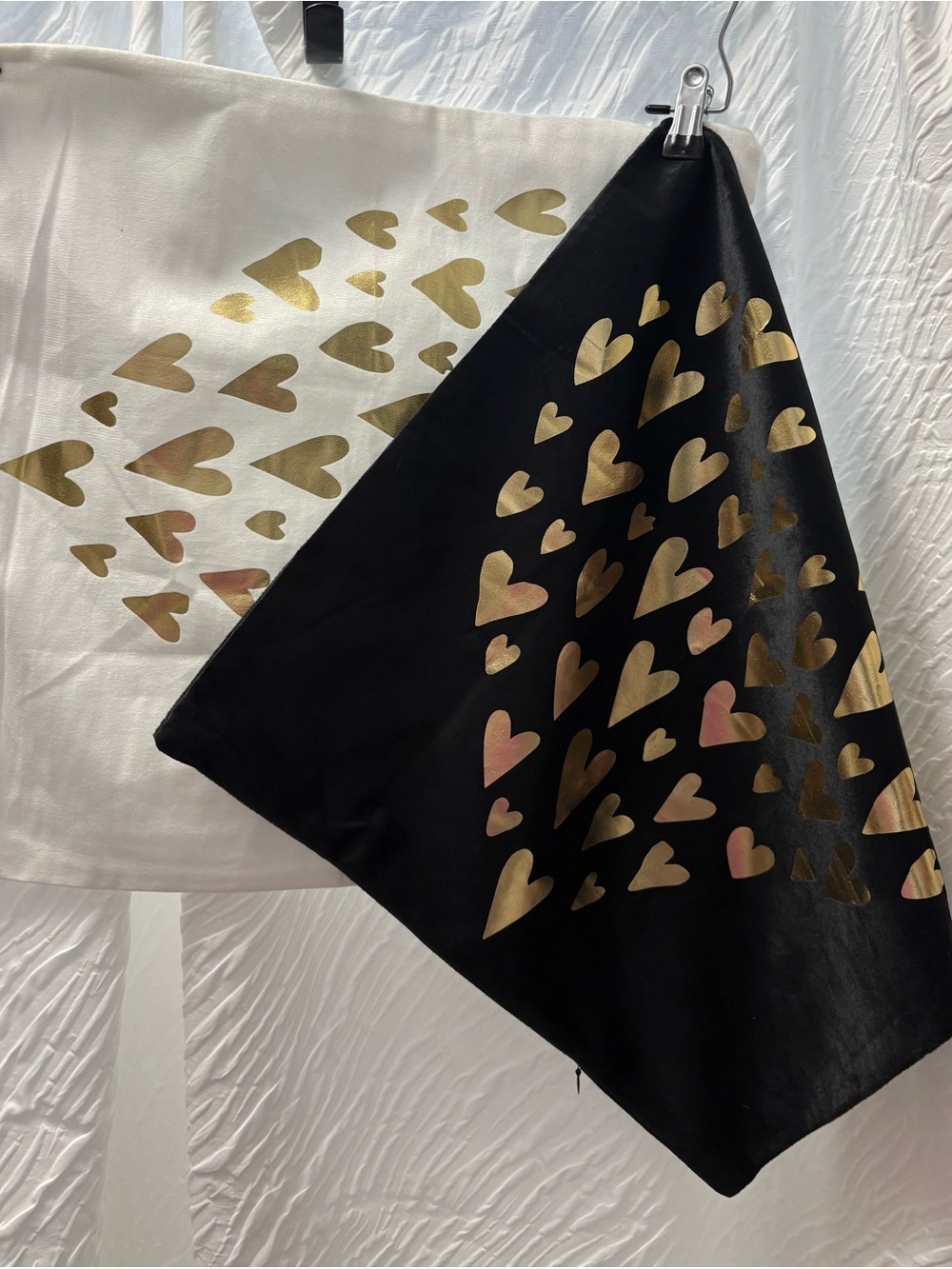 Decorative Heart Accent Pillow Cover in Black and Cream with Gold Hearts
